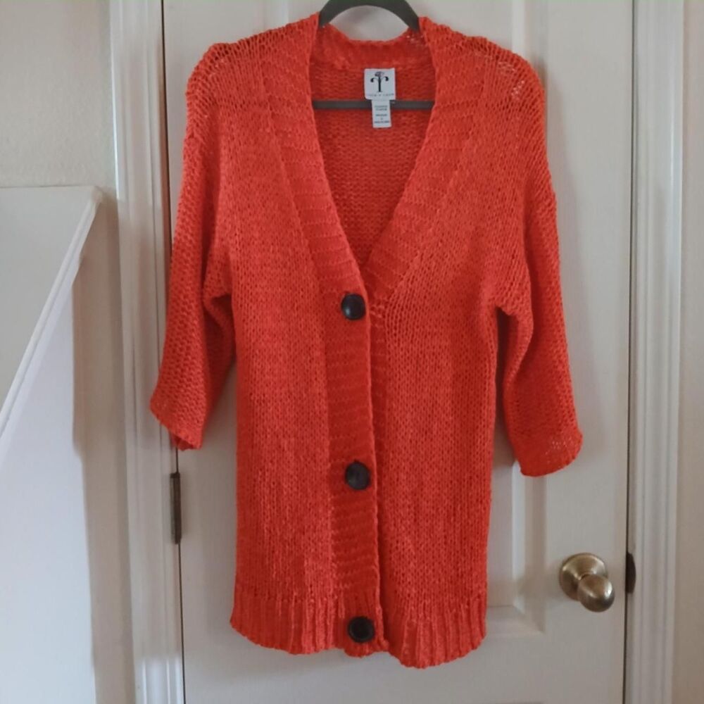 Coastal Boho Orange Chunky Loose Knit 3 Button Cardigan 3/4 Sleeves S - Picture 5 of 7